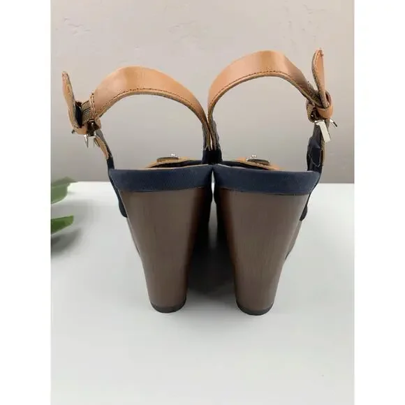 Gianni Bini Platform Wedge Heel Sandals Blue Tan Peep Toe Slingback Women's 8.5 - Picture 9 of 10